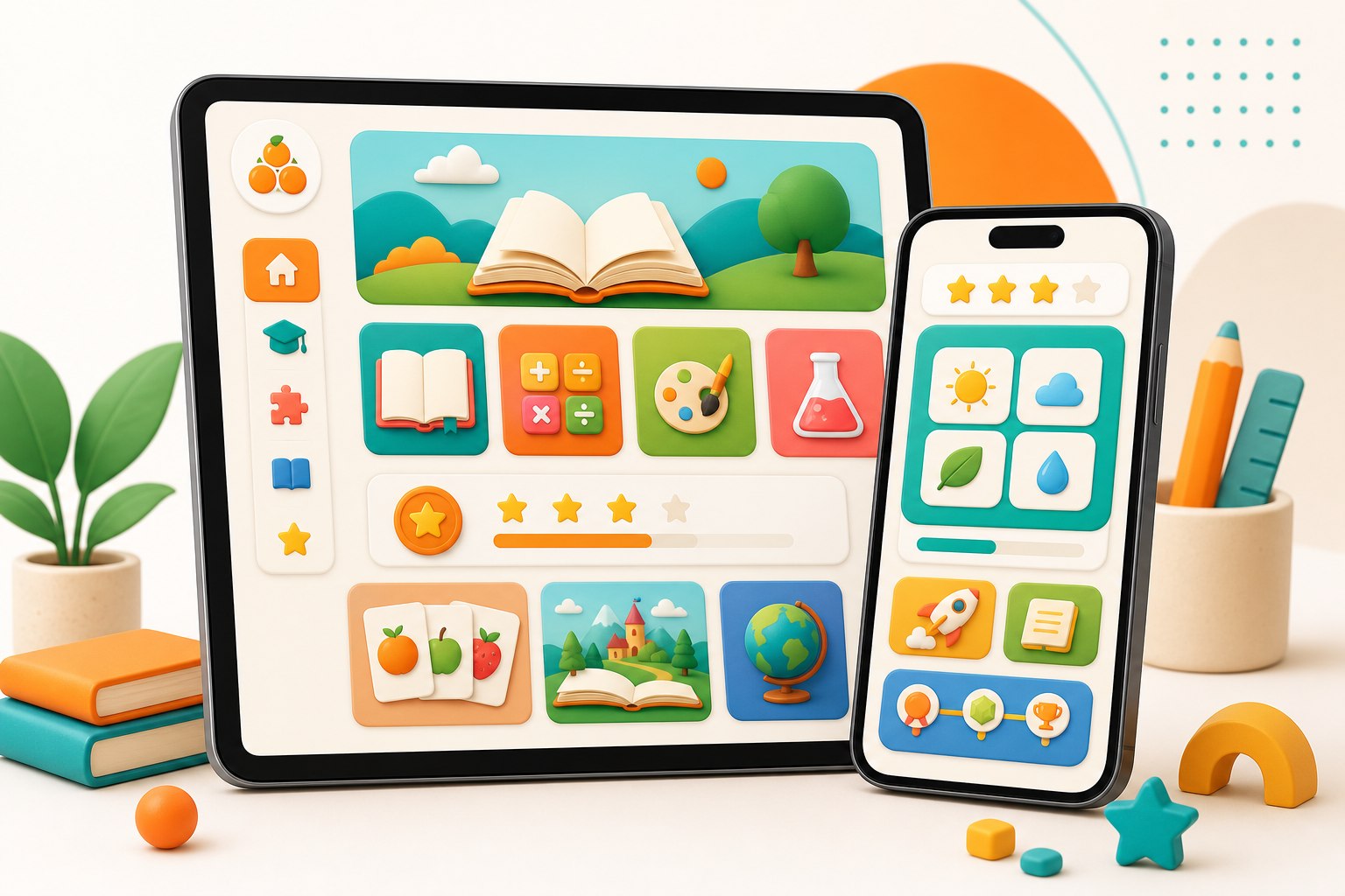 Colorful tablet and phone learning app preview